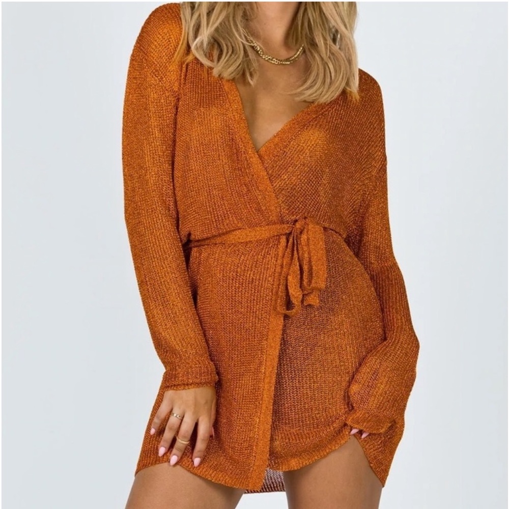 LIONESS orange shimmer mesh cardigan duster dress